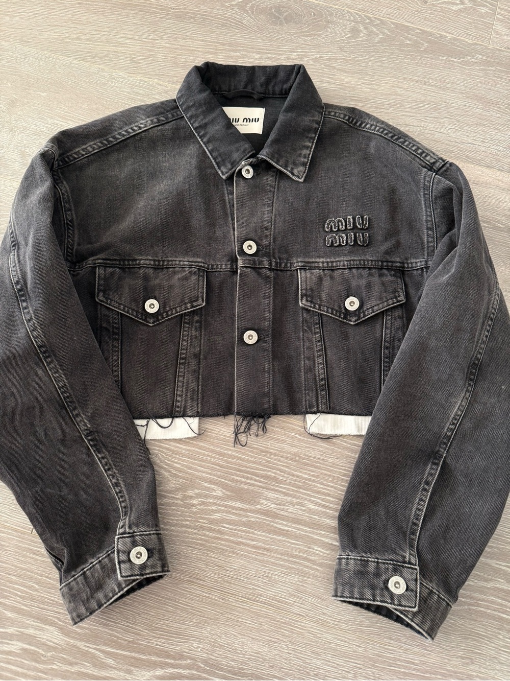 Miu Miu Distressed Black Cropped Denim Jacket